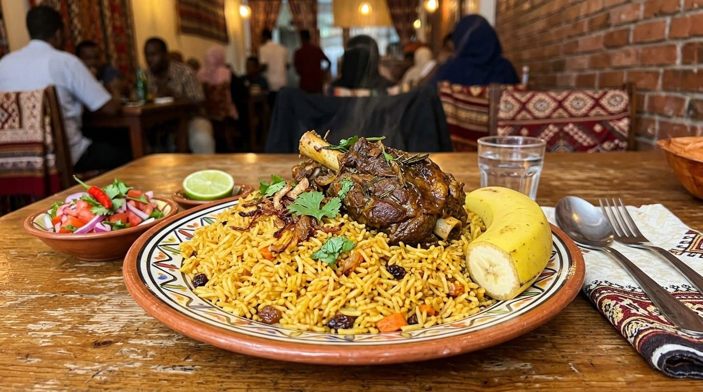 A plate of Somali bariis iskukaris, spiced rice served with goat meat and a wedge of banana on the side
