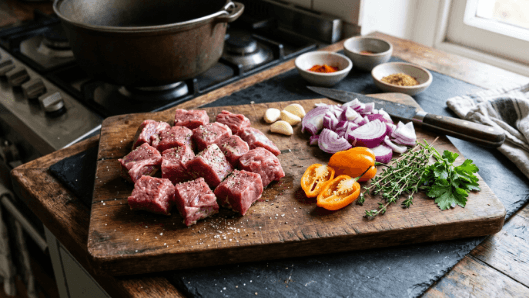 Pieces of raw goat meat on a board with onion, scotch bonnet and thyme, ready for a rich stew