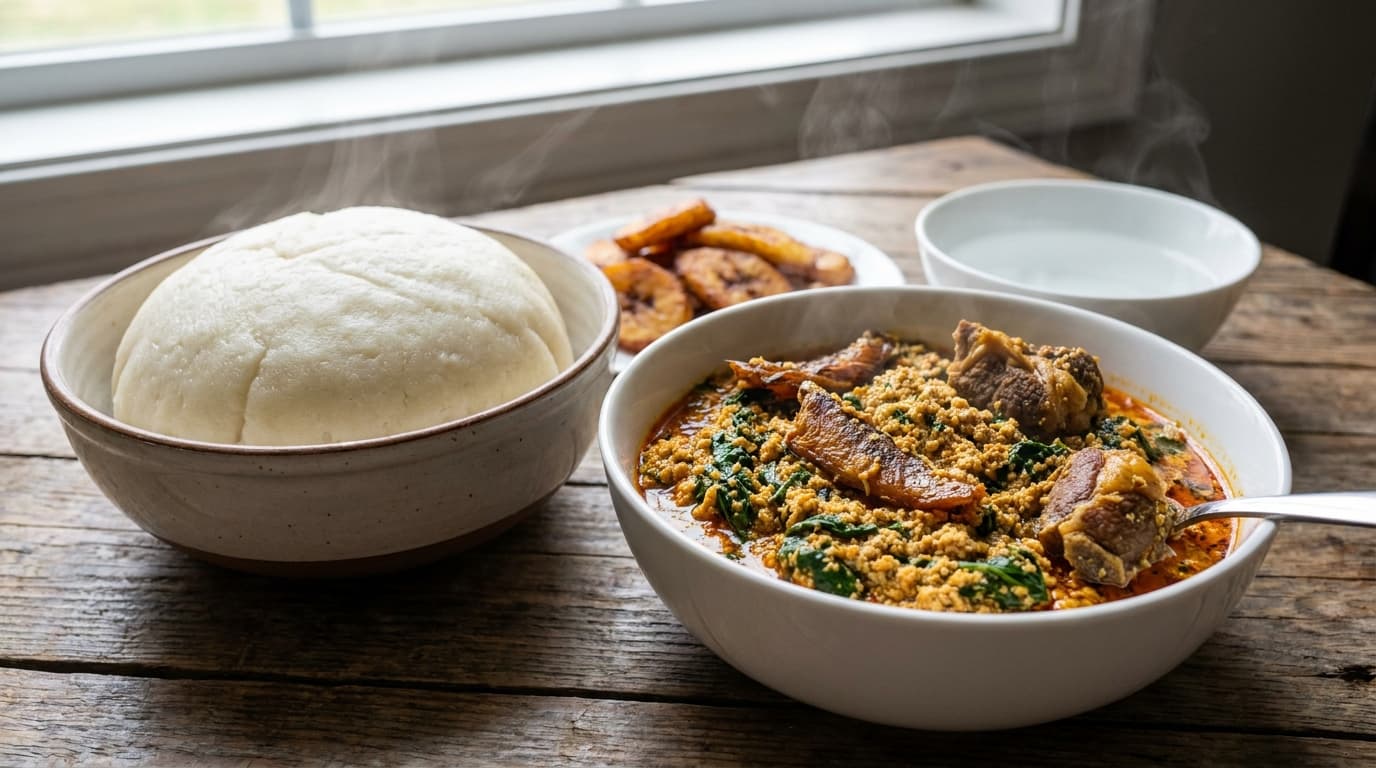 A bowl of soft white fufu served beside a rich bowl of egusi soup