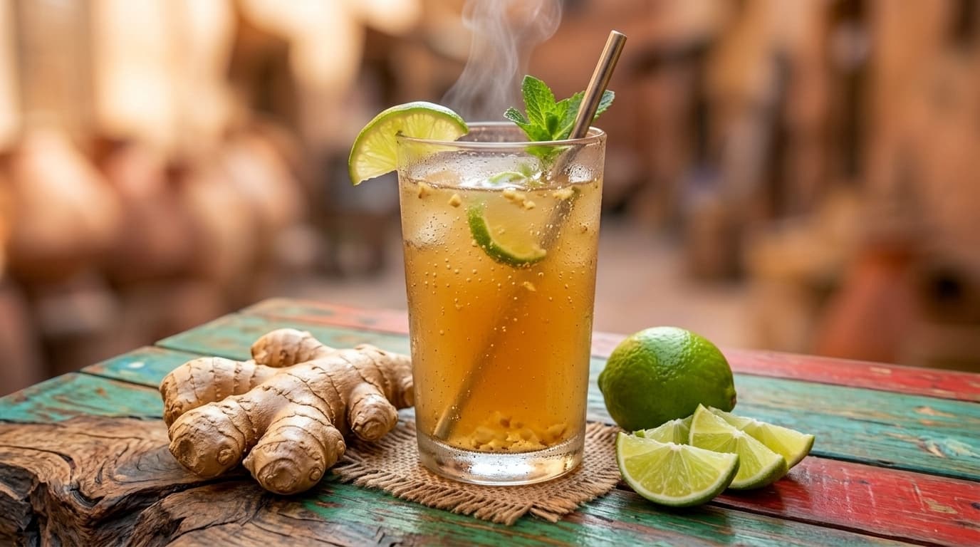 A tall glass of cloudy homemade Caribbean ginger beer with fresh ginger root and lime beside it