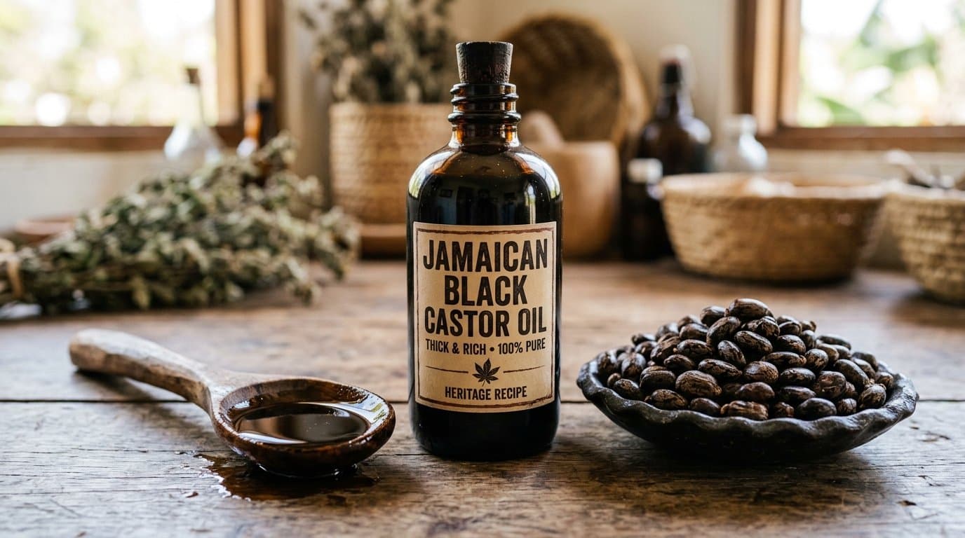A dark glass bottle of thick Jamaican black castor oil beside roasted castor beans and a wooden spoon of the oil.