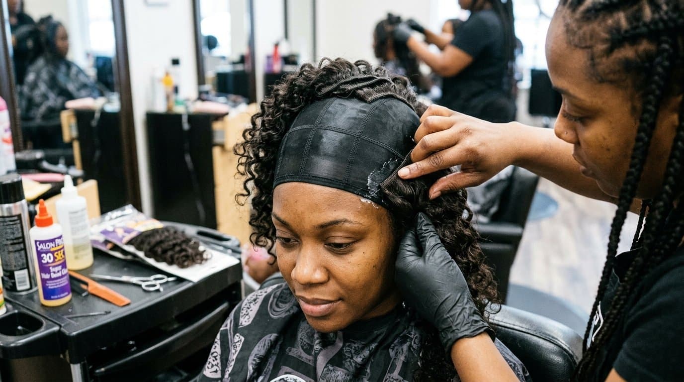 A woman having a quick weave installed, hair wefts being applied over a protective cap on her head.