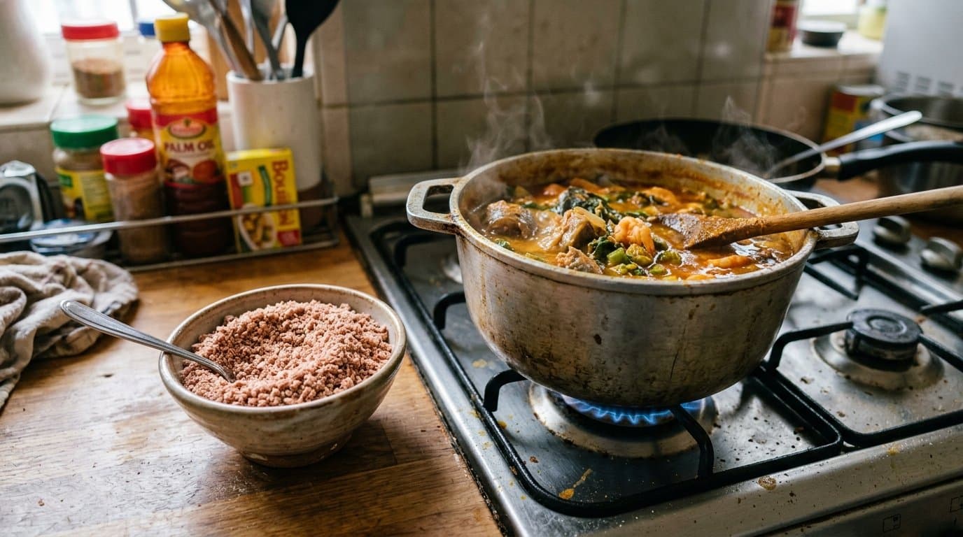 A small bowl of pinkish-brown ground crayfish, the dried shellfish seasoning used in Nigerian soups, beside a pot of soup.